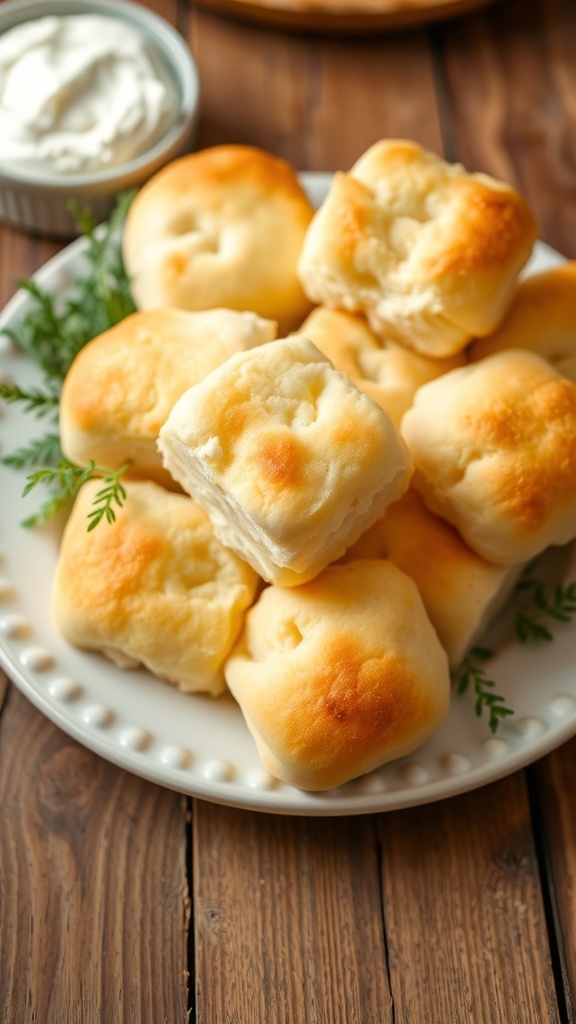Fluffy Cloud Bread Recipe Fluffy cloud bread pieces on a plate with cream cheese spread and herbs.